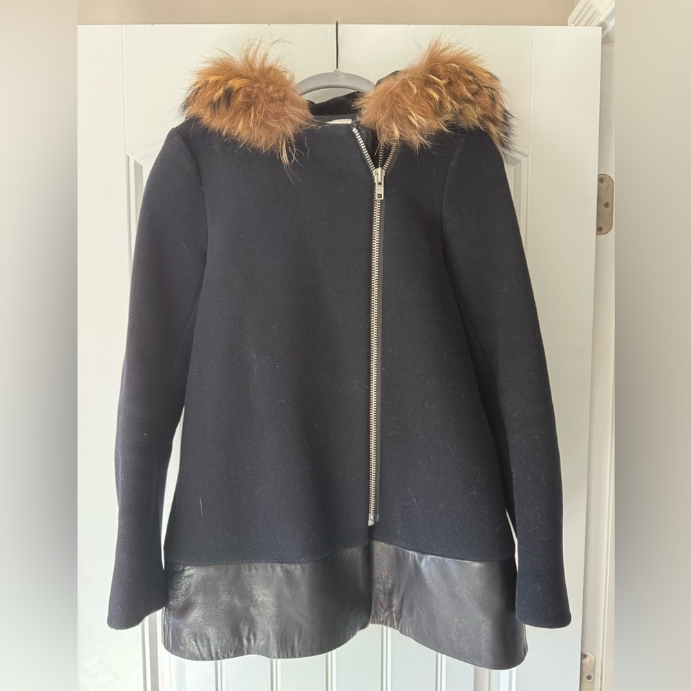 Sandro, Paris France Navy Wool and Leather Coat with Fur Detail Size 36